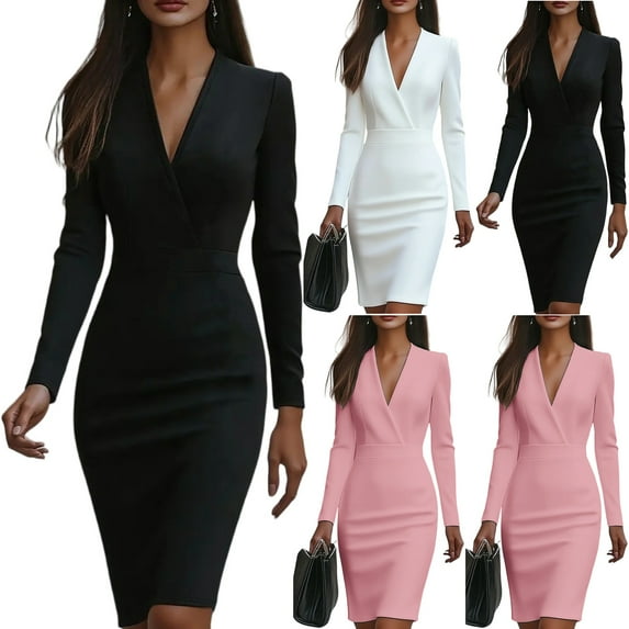 Women's Work Dress Office Dress Long Sleeve V-Neck Solid Color Waist Defining Fitted Midi Dress for Commuting Spring Fall,Black,L