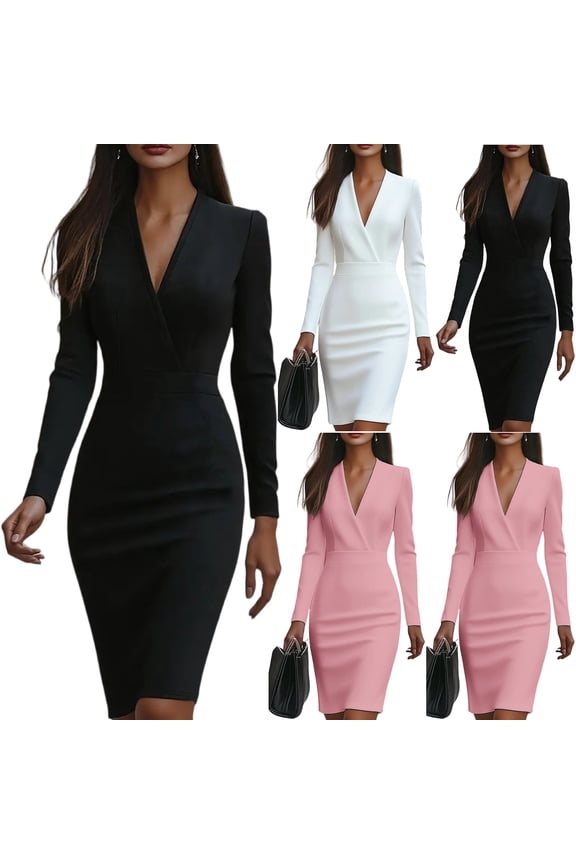 Women's Work Dress Office Dress Long Sleeve V-Neck Solid Color Waist Defining Fitted Midi Dress for Commuting Spring Fall,Black,S