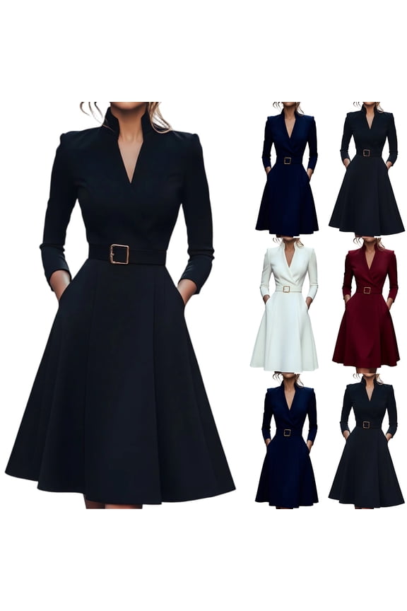 Women's Work Dress Office Dress Long Sleeve V-Neck Solid Color Waist Defining Full Skirt Maxi Dress for Commuting Spring Fall,Black,XL