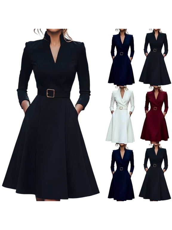 Women's Work Dress Office Dress Long Sleeve V-Neck Solid Color Waist Defining Full Skirt Maxi Dress for Commuting Spring Fall,Navy,L