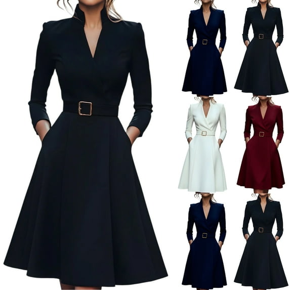 Women's Work Dress Office Dress Long Sleeve V-Neck Solid Color Waist Defining Full Skirt Maxi Dress for Commuting Spring Fall,Navy,S