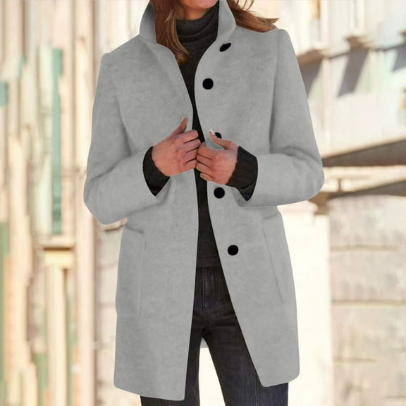 Women's Work Jacket Vintage Stand Collar Plus Size Long Sleeve Classic Solid Color Casual Warm Business Coat Button Elegant Formal Jacket with Pockets for Spring Fall Winter