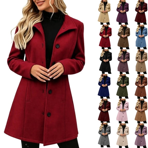 Women's Work Jacket Vintage Stand Collar Plus Size Long Sleeve Classic Solid Color Casual Warm Business Coat Button Elegant Formal Jacket with Pockets for Spring Fall Winter