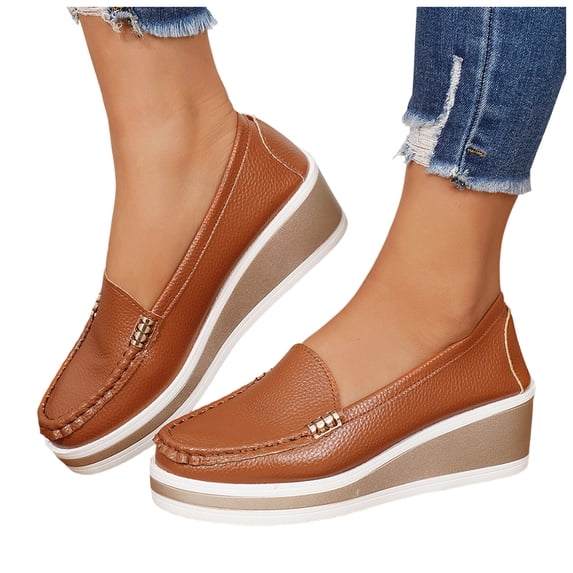 HEWUQI Wedge Platform Loafers for Womens Backless Leather Comfortable Slip on Casual Travel Everyday Shoes Brown Size 10.5
