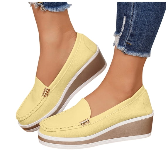 HEWUQI Wedge Platform Loafers for Womens Backless Leather Comfortable Slip on Casual Travel Everyday Shoes Yellow Size 9