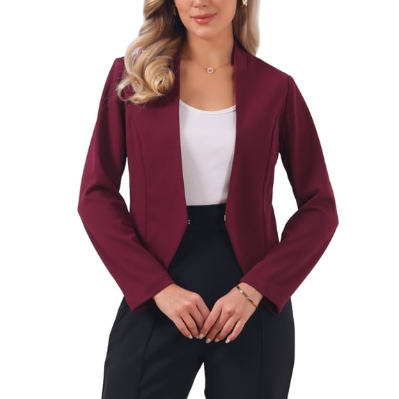 Women's Work Office Blazer Collarless Business Casual Suit Jacket Cropped Blazer M Dark Burgundy