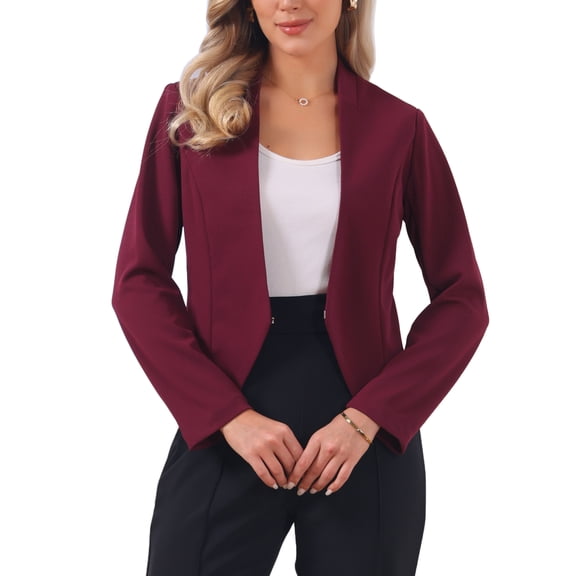 Women's Work Office Blazer Collarless Business Casual Suit Jacket Cropped Blazer S Dark Burgundy