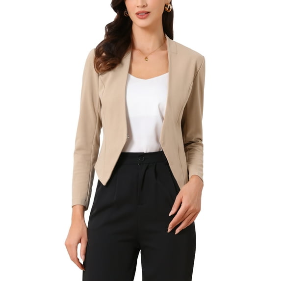 Women's Work Office Blazer Collarless Business Casual Suit Jacket Cropped Blazer S Khaki