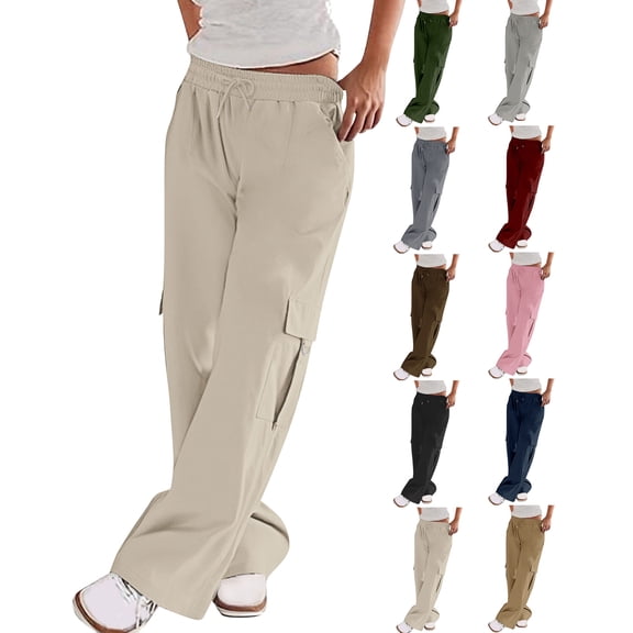 Women's Work Pants Mid Rise Relaxed Straight Leg Cargo Casual Trousers with Multi Pockets Beige XL