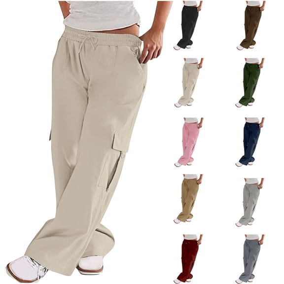 Women's Work Pants Mid Rise Relaxed Straight Leg Cargo Casual Trousers with Multi Pockets Beige XL