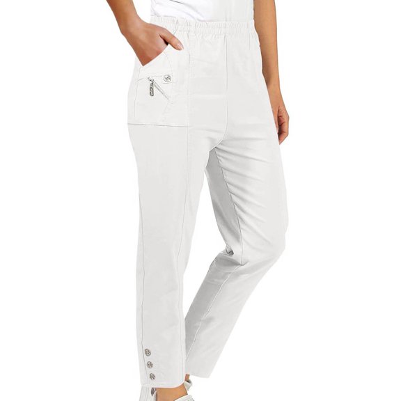 Women's Work Pants Oversize Fashion Women's Solid Color Stretch Waist Strap Pocket Zipper Pants Long Pants White M