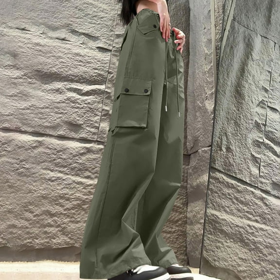 Women's Work Pants Women Button Pocket Drawstring Solid Color High Waisted Wide Legs Overalls Full Length Pants Army Green L
