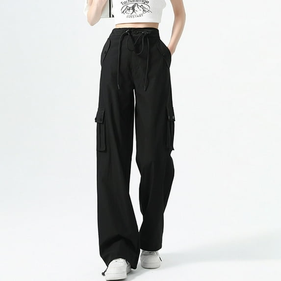 Women's Work Pants Women Solid Color Workwear Pants Loose Straight Leg Wide Leg Casual Sports Pants Long Pants Black L