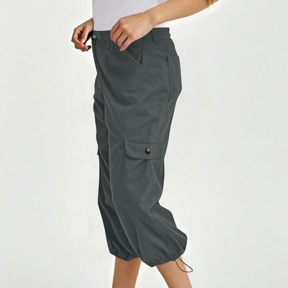 Women's Work Pants Women's Solid Mid-Rise Elastic Waistband Multiple Pockets Foot Drawstring Button Outdoors Cargo Pants Gray L