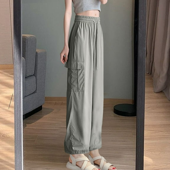 Women's Work Pants Women's Summer Workwear Pants Thin High Waisted Drying Sun Protection Ice Silk Casual Straight Leg Wide Leg Pants Women's Pocket Long Pants Gray S