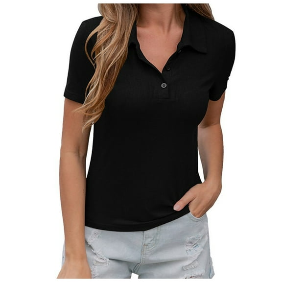 Women's Work Shirts 3 Buttons Lapel Collared Tops Casual Work Short Sleeve Sports Golf Blouses (S, Black)