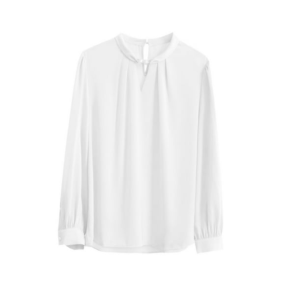 Women's Work Tops Casual Silky Business Shirt Elegant Smocked Cuff Stand Collar Keyhole Long Sleeve Blouse Dressy
