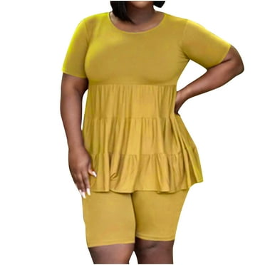 Women's Workout 2 Piece Outfits Plus Size Sleeveless /Short Sleeve Pleated Tops Casual Tank Tops Biker Shorts Sets