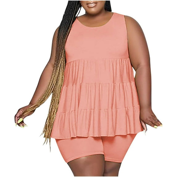Women's Workout 2 Piece Outfits Plus Size Sleeveless /Short Sleeve Pleated Tops Casual Tank Tops Biker Shorts Sets