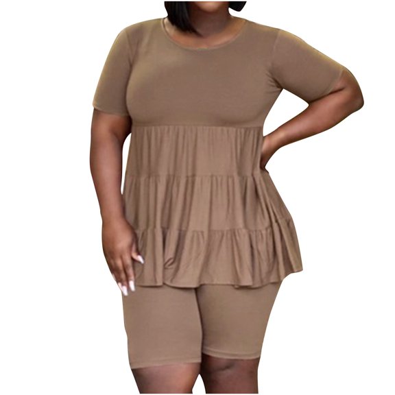 Women's Workout 2 Piece Outfits Plus Size Sleeveless /Short Sleeve Pleated Tops Casual Tank Tops Biker Shorts Sets