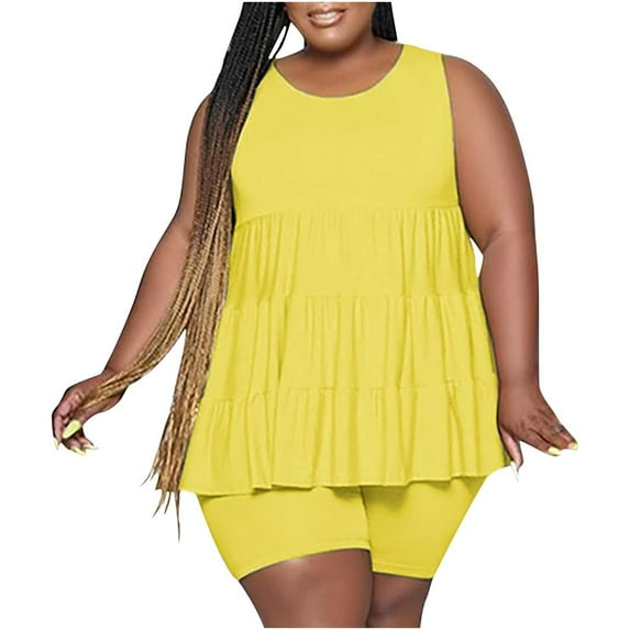 Women's Workout 2 Piece Outfits Plus Size Sleeveless /Short Sleeve Pleated Tops Casual Tank Tops Biker Shorts Sets