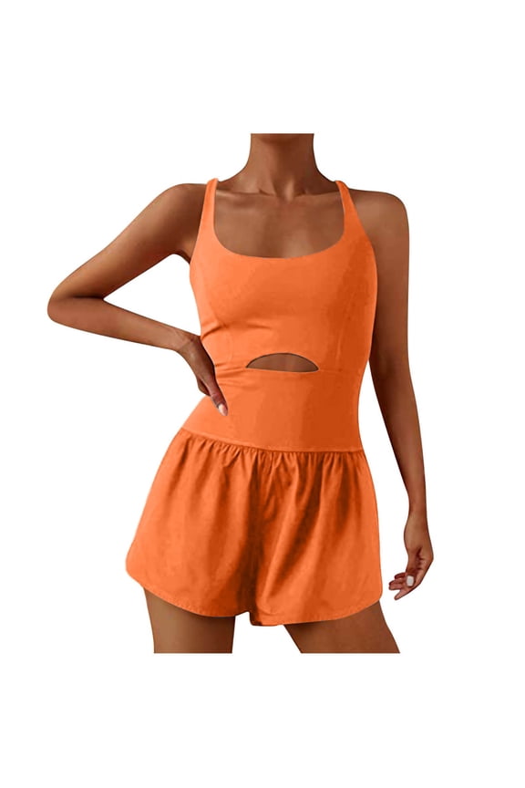 Women's Workout Athletic Romper, One-Piece Running Outfits, Cut Out Tank Style S-1 Short Jumpsuits New Orange M
