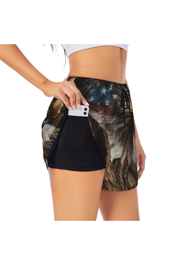 Women's Workout Athletic Shorts with Pocket for Yoga Gym Running Yoga, American Flag Bald Eagle USA