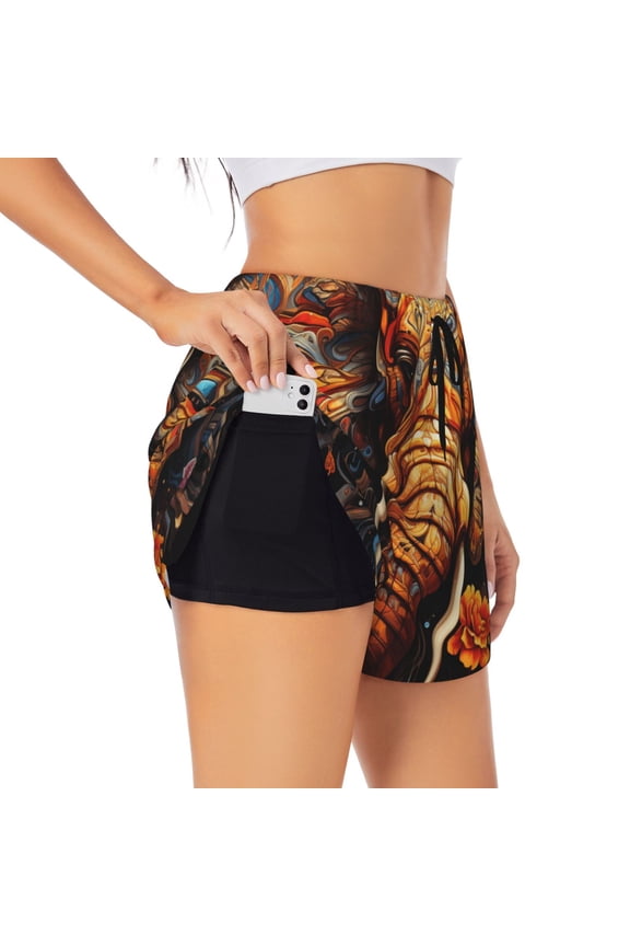 Women's Workout Athletic Shorts with Pocket for Yoga Gym Running Yoga, Elephant Indian Psychedelic