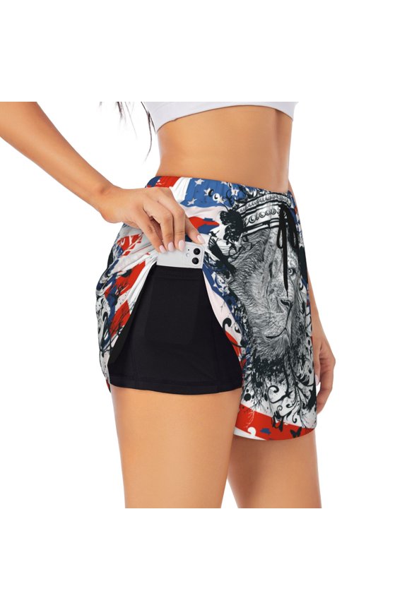 Women's Workout Athletic Shorts with Pocket for Yoga Gym Running Yoga, Lion USA Flag