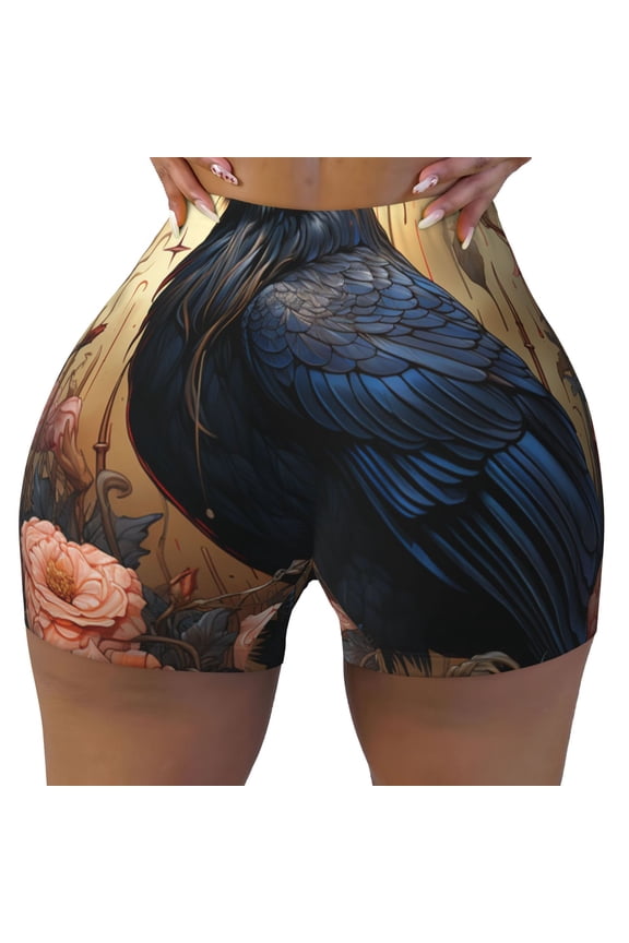 Women's Workout Biker Mini Casual Shorts for Gym Running Daily Wear, Crow And Flowers Raven Gothic