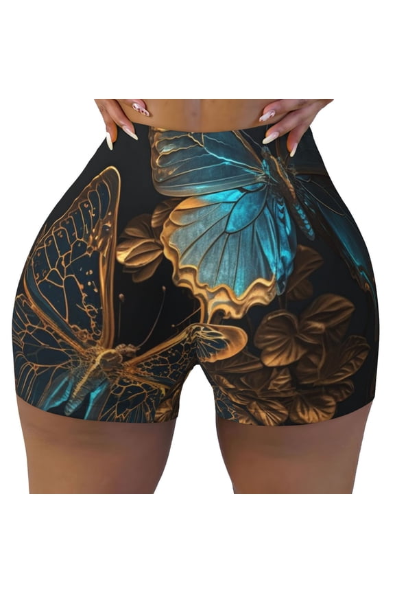 Women's Workout Biker Mini Casual Shorts for Gym Running Daily Wear, Gold Blue Butterflies Golden Butterfly