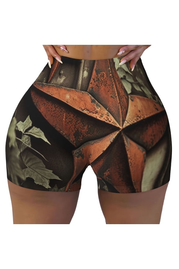 Women's Workout Biker Mini Casual Shorts for Gym Running Daily Wear, Vintage Rusty Stars Primitive Country Rustic