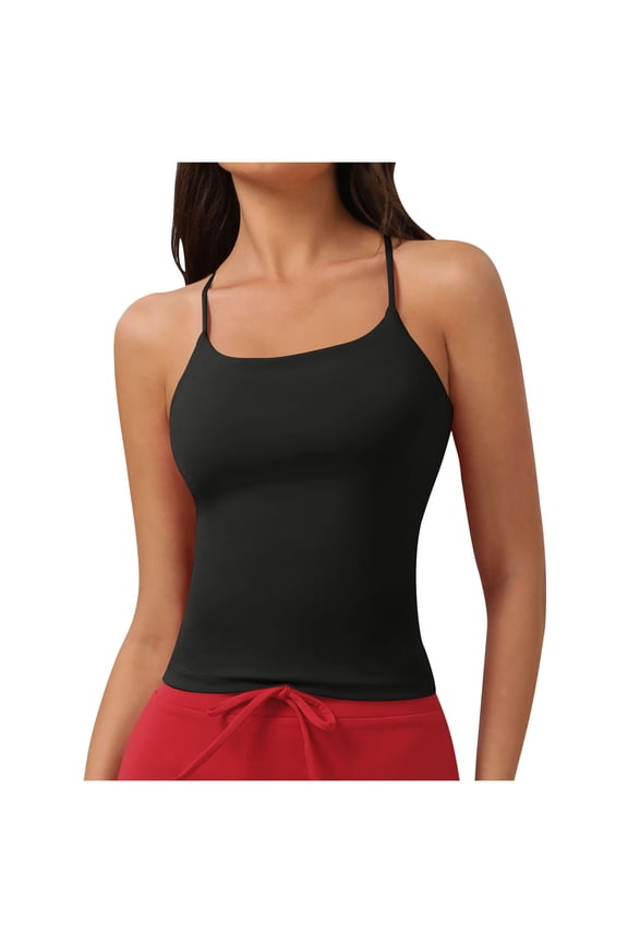 Women's Workout Cami Tops Soft Spandex Gym Yoga Camisole Cross Spaghetti Strap Scoop Neck Moisture Wicking Slim Crop Tees (L, Black)