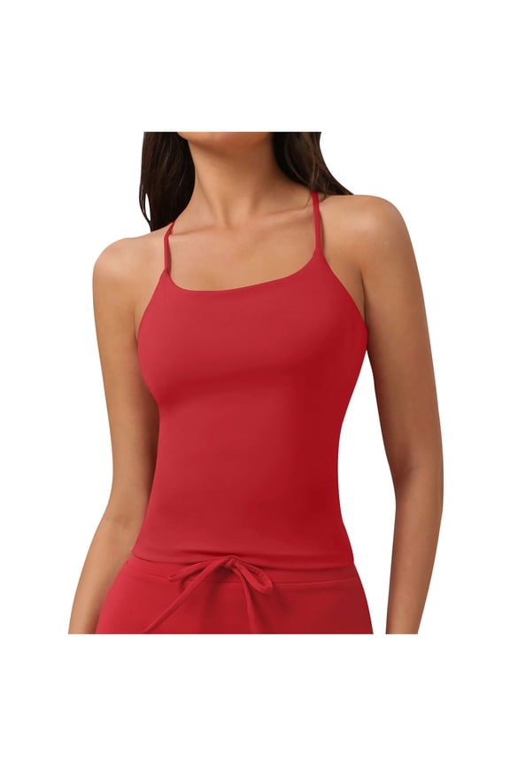 Women's Workout Cami Tops Soft Spandex Gym Yoga Camisole Cross Spaghetti Strap Scoop Neck Moisture Wicking Slim Crop Tees (M, Red)