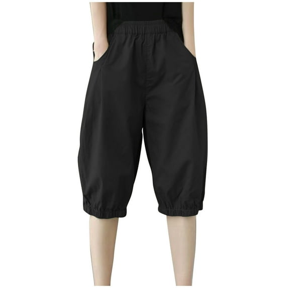 Women's Workout Capris Straight-Leg Pant Leg Cut Women's Plus Size Polyester Ladies Summer Pants Casual Capris Pants Style C-152 Black 3XL