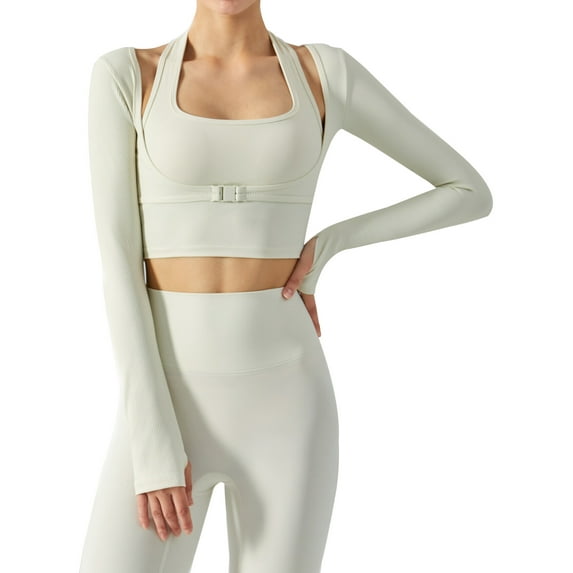 Women’s Workout Cropped Tops Long Sleeve Cutout Yoga Shirts Slim Fit Sports Gym Tees Bra Fake Two Piece Halter Athletic Sweatshirt with Front Hook