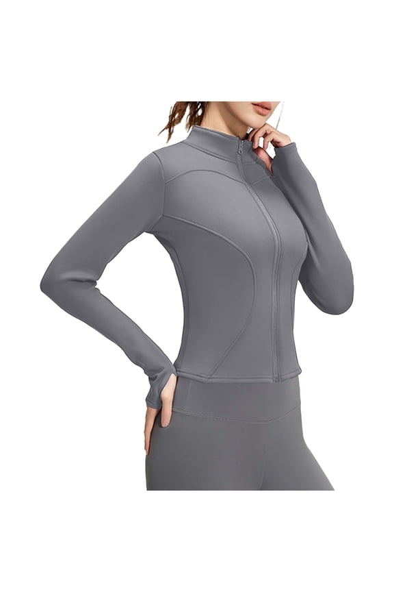 Women's Workout Jackets Full Zip Up Cropped Stretchy Track Jackets Athletic Slim Fit Lightweight Tops with Thumb Holes (S, Gray)