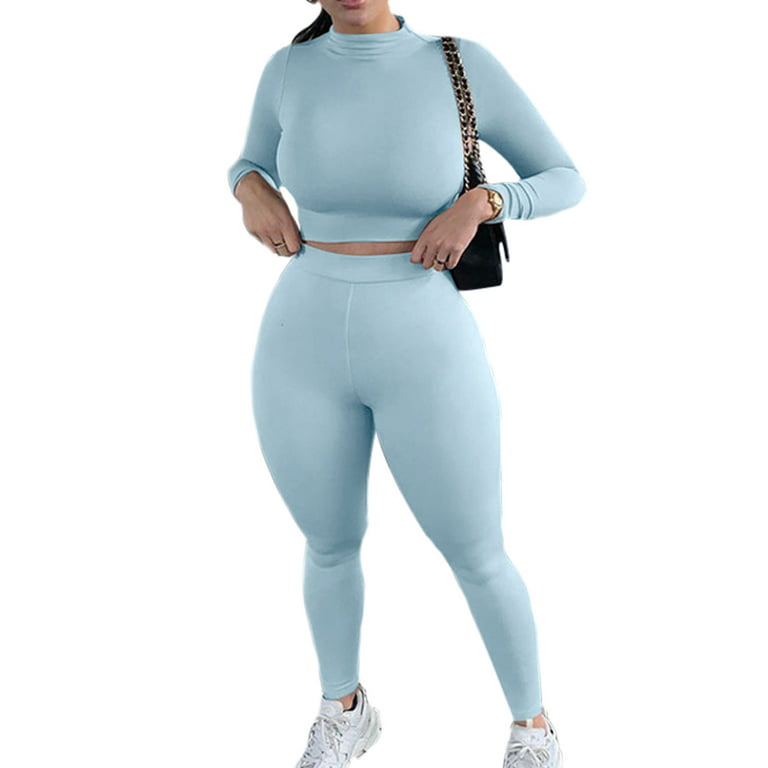 Women's Workout Outfit 2 Pieces Seamless High Waist Yoga Leggings with Long  Sleeve Crop Top Gym Clothes Set 