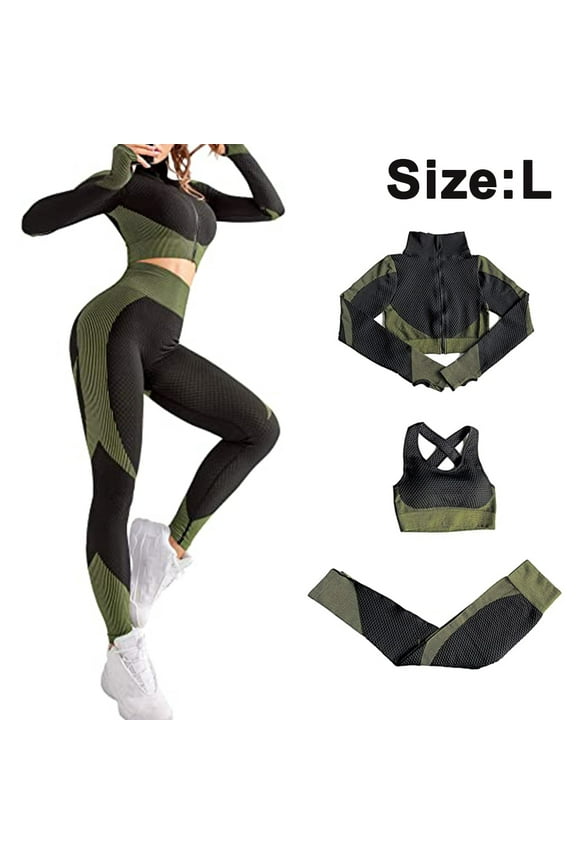 Women's Workout Outfit 3 Pieces Tracksuit-Seamless Hip lift Yoga Leggings and Stretch Sports Bra Gym Clothes Set,GTICPHYJ