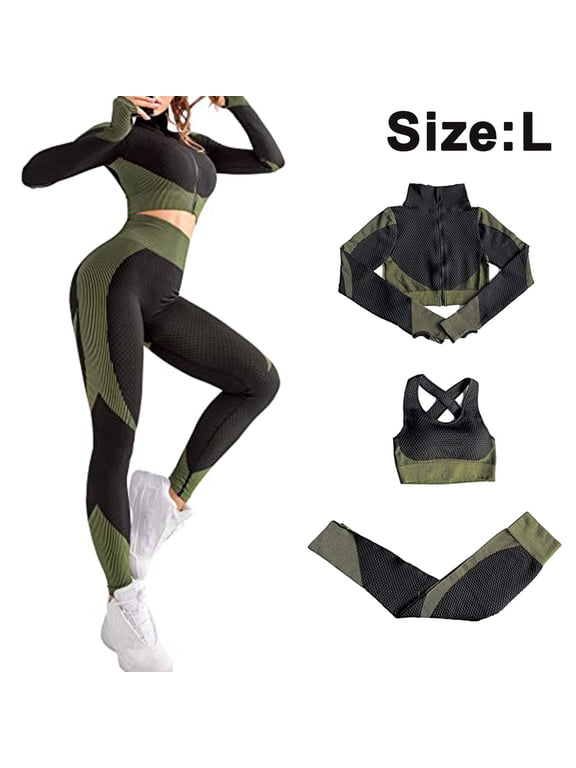 Women's Workout Outfit 3 Pieces Tracksuit-Seamless Hip lift Yoga Leggings and Stretch Sports Bra Gym Clothes Set