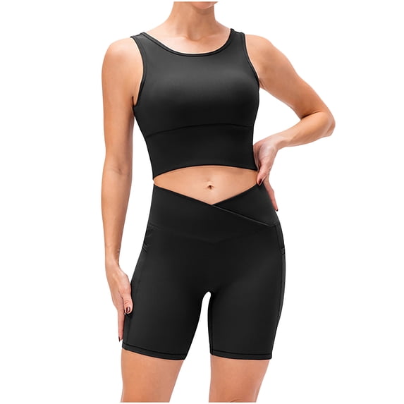 Women's Workout Outfits 2 Piece Set Round Neck Sleeveless Sports Crop Tops and V Cross Yoga Shorts Sets Active Wear