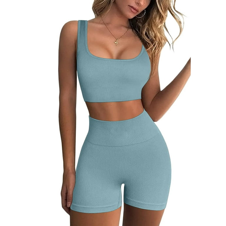 Women's Workout Outfits 2 Piece Yoga Set Seamless Ribbed Crop Tank Tight  Shorts Gym Suit
