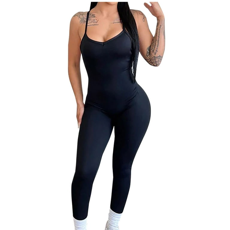 Women's Workout Rompers Yoga Ribbed One-Piece Solid Spaghetti Strap Tummy  Control Jumpsuit Leggings Slim Fit Romper