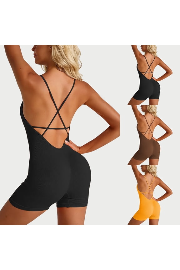 Women's Workout Seamless Romper Yoga Ribbed Bodycon Back Cross One Piece Square Neck Shorts Jumpsuit Orange S