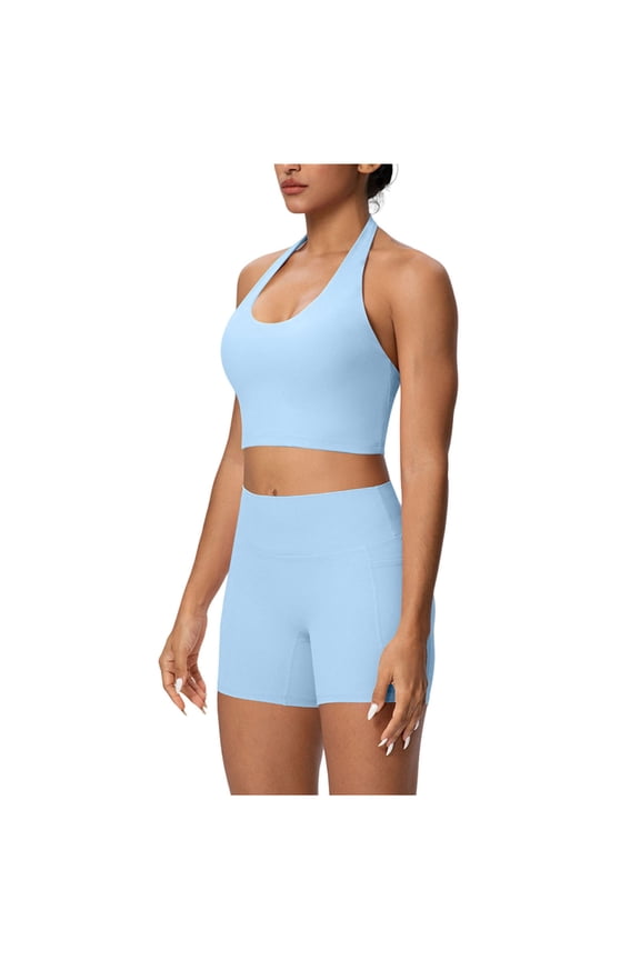 Women's Workout Sets 2 Piece Yoga Outfit High Waisted Biker Shorts Leggings Sports Gym Fitness Clothes Tracksuit Sky Blue