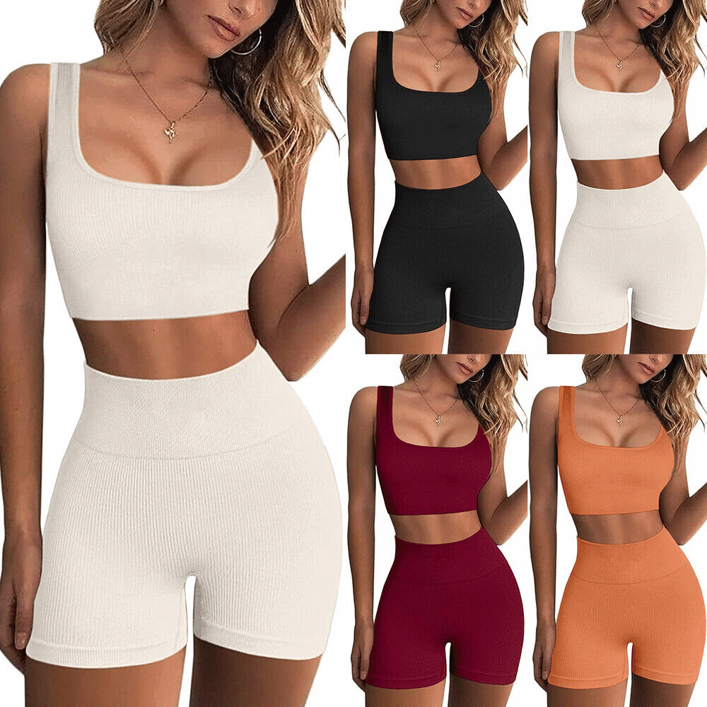 Women's Workout Sets Ribbed Tank 2 Piece Seamless High Waist Gym Outfit  Yoga Running Shorts Sets