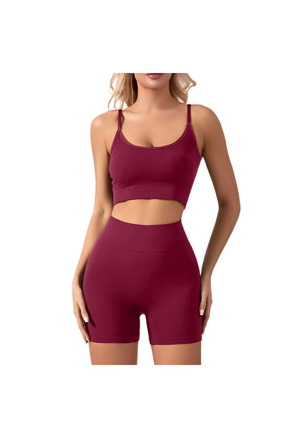 Women's Workout Sets Ribbed Tank 2 Piece Seamless High Waist Gym Outfit Yoga Shorts Sets
