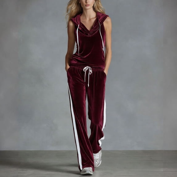 Women's Workout Sets Womens Cozy Velvet Tracksuit, Sleeveless Hooded Top Wide Leg Pants Side Stripe, Loungewear 2 Piece Outfits Wine XL