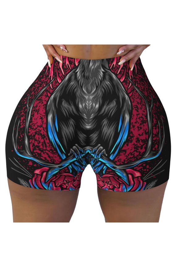 Women's Workout Shorts Athletic Yoga Biker Comfy Graphic Shorts, Crow And Flowers Raven Gothic