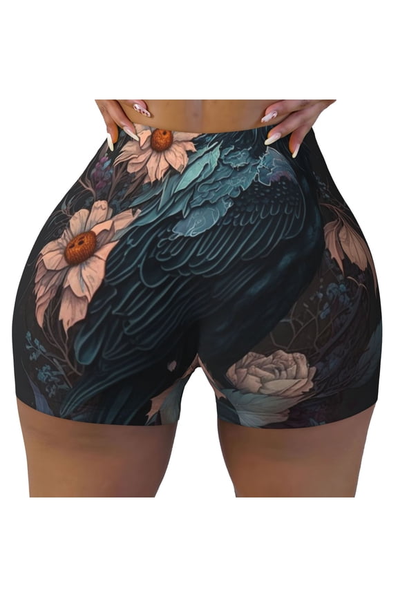 Women's Workout Shorts Athletic Yoga Biker Comfy Graphic Shorts, Crow Flowers Raven Gothic